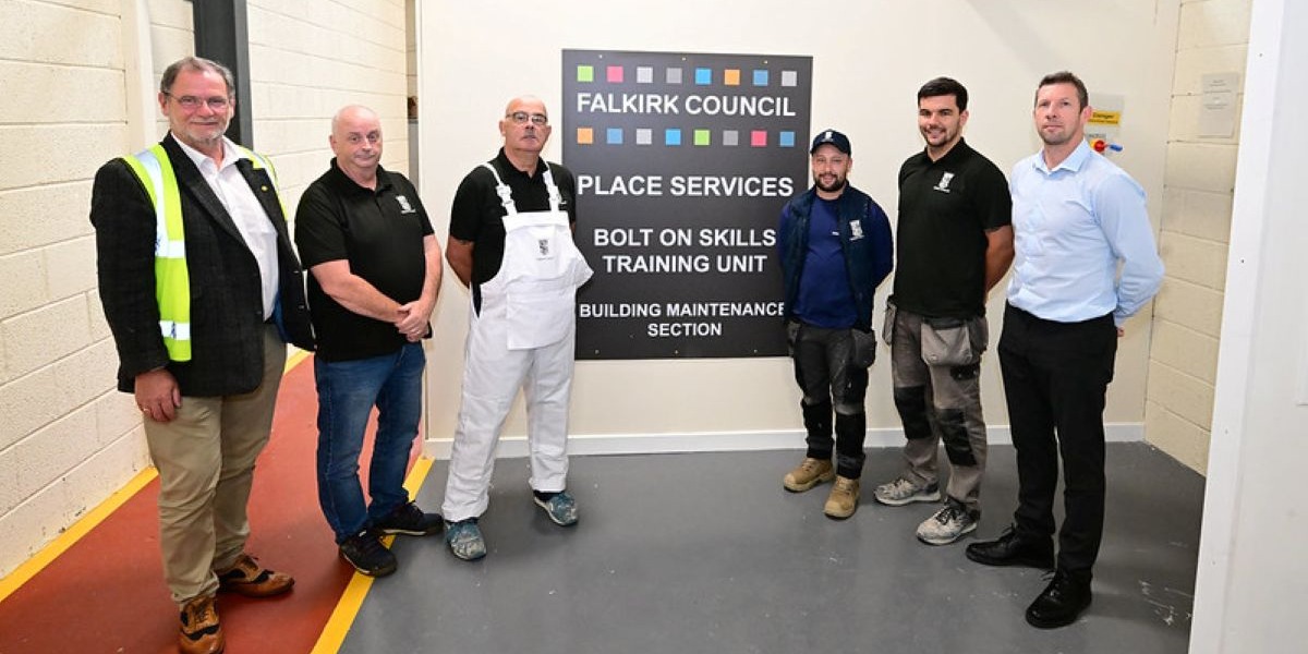 📷 Pictured (left to right): Councillor Gary Bouse with council officers John Newton, John Abercrombie, Lee Tomaszewski, Andrew Muir and Kevin Mullen at the Bolt on Skills Training Unit in Inchyra Depot.  