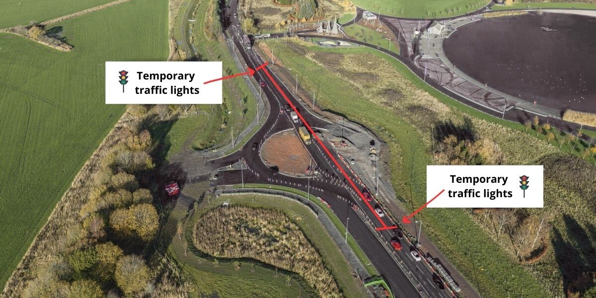 📷 The red markers show the temporary traffic light locations, with the red line indicating the area affected from Wed 26 Nov to Fri 5 Dec. Image courtesy of Scotdrone. 