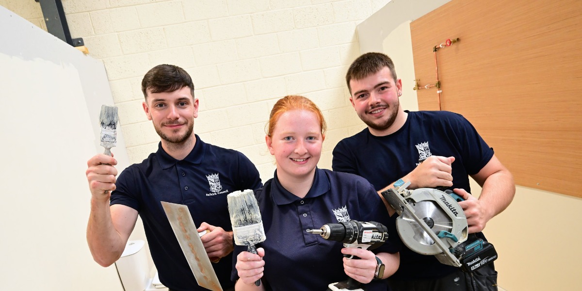 📷Apprentices Thomas Templeman, Zara Wells, and Robbie Taylor who are taking part in the Bolt On Skills Training package that allows them to be multi skilled in different trades.