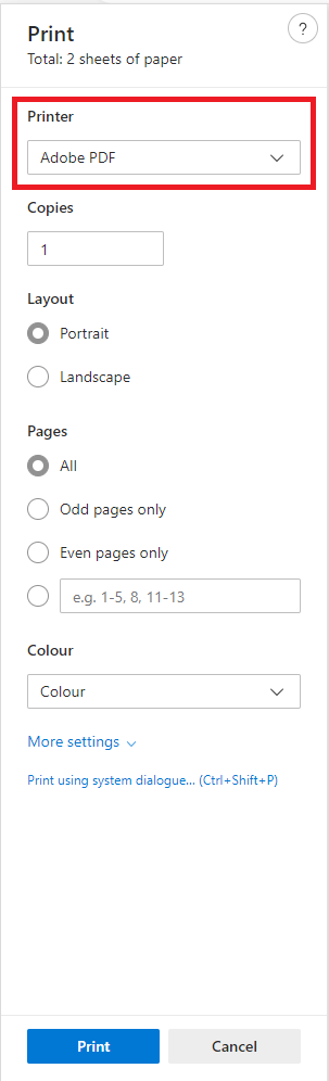 Select the print dialogue box of MyView