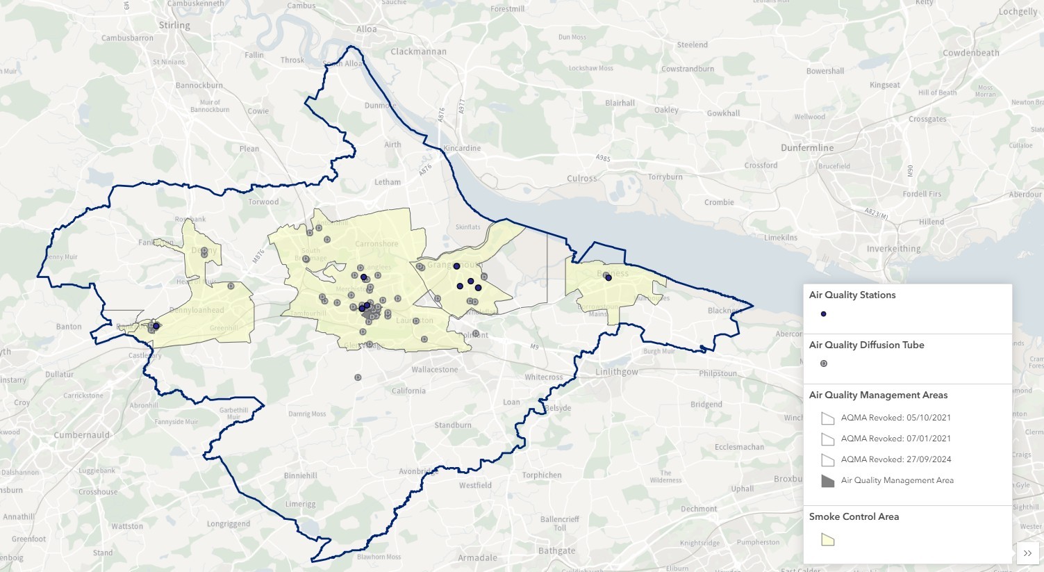 Map showing smoke control areas in the Falkirk Council area