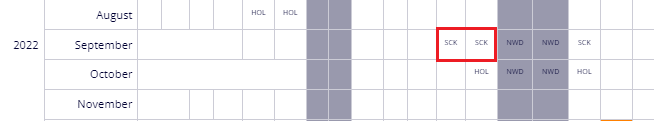 Screenshot of the events calendar with the example sickness entry added